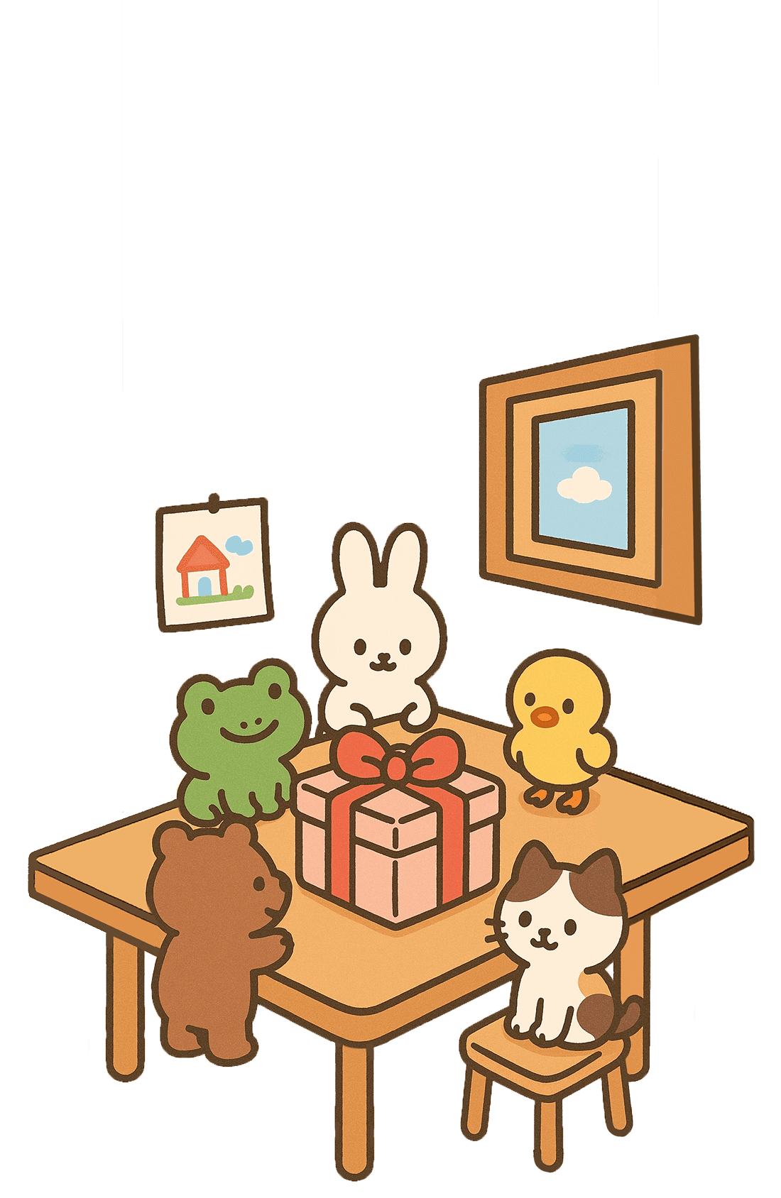 개구리,토끼,병아리,곰,고양이가 테이블에 모여서 선물을 바라보는 일러스트