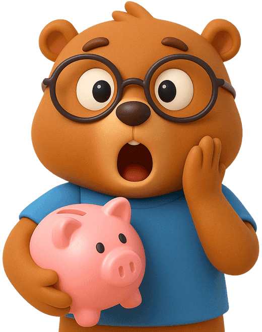 안경쓴 비버가 한 손은 돼지저금통을 들고 나머지 손은 볼에 붙인채 놀란 표정